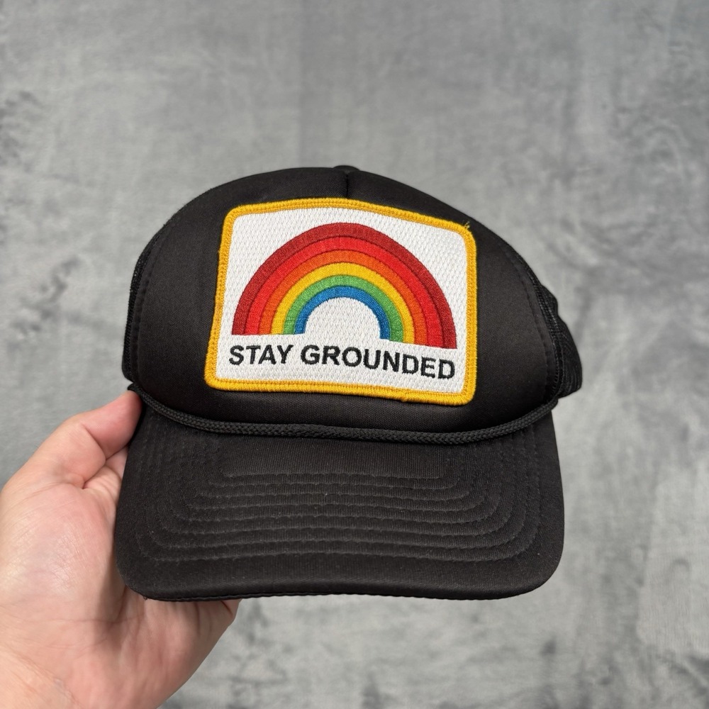 Aviator Nation Trucker Hat Adult Black Snapback Stay Grounded Mesh Back Rainbow